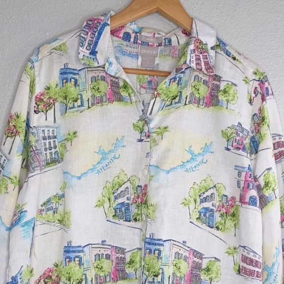 Chico's 100% Linen Novelty City Print Sz 3 Long Sleeve Button Down Front Blouse - Picture 4 of 15